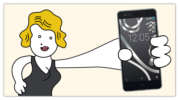 Ilustración de una mujer rubia sosteniendo un teléfono inteligente.