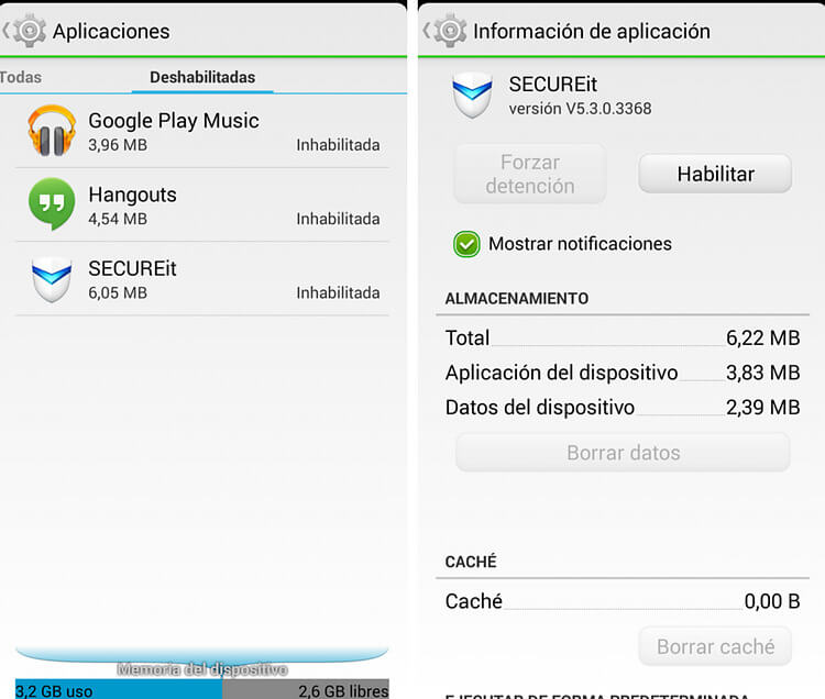 Deshabilitar aplicaciones Android