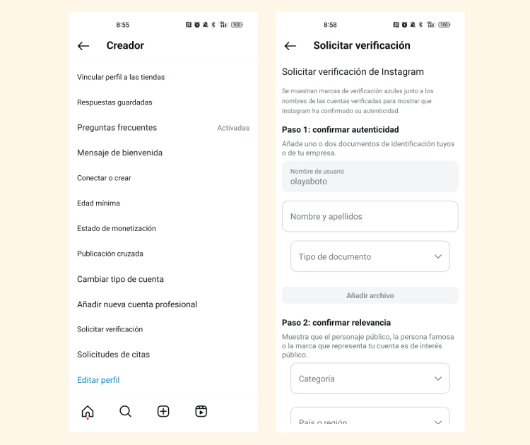 Formulario para solicitar la verificación en Instagram