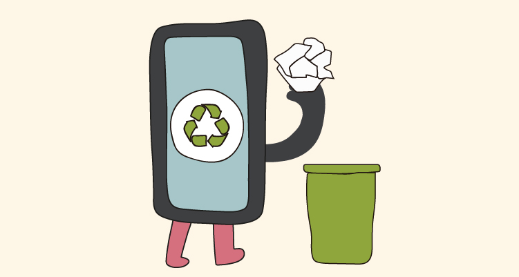 Ilustración de un teléfono móvil personificado con piernas rosadas, sosteniendo papel arrugado y parado junto a un contenedor de reciclaje verde. En la pantalla del teléfono se muestra el símbolo de reciclaje. Concepto de aplicaciones para ayudarte a reciclar