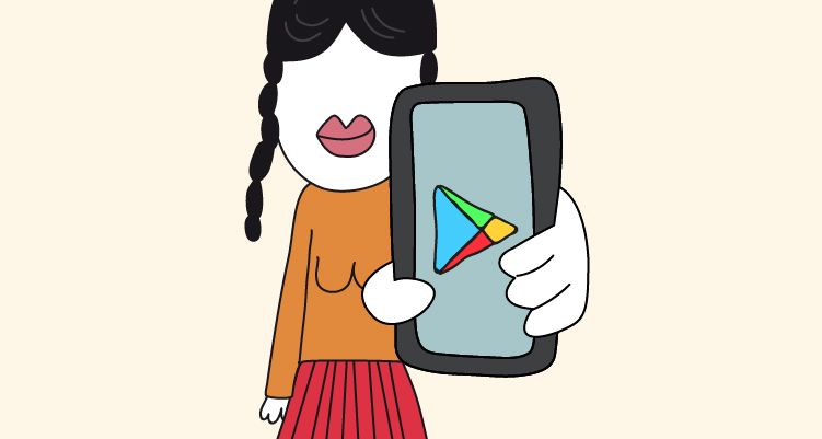 Ilustración de una chica con un móvil en la mano que muestra la app de Google Play
