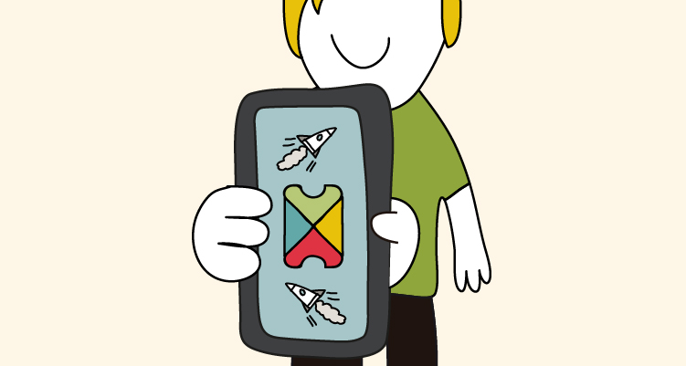 Ilustración de un hombre sosteniendo un móvil que muestra un Google Play Pass