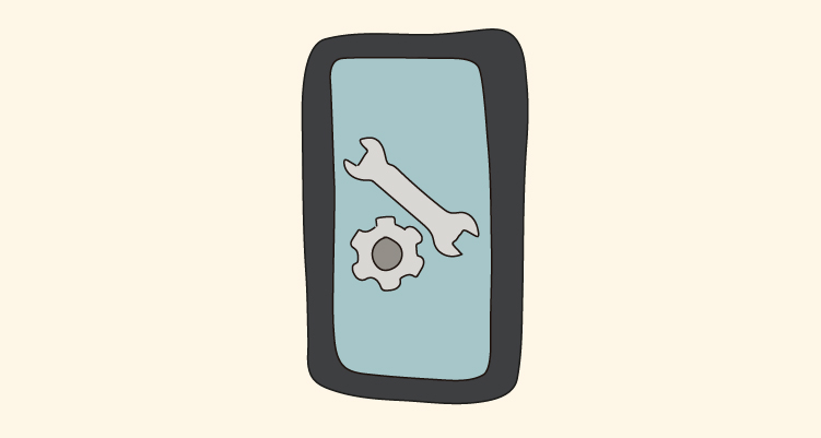 Ilustración de teléfono móvil que muestra un engranaje y un martillo en primer plano.
