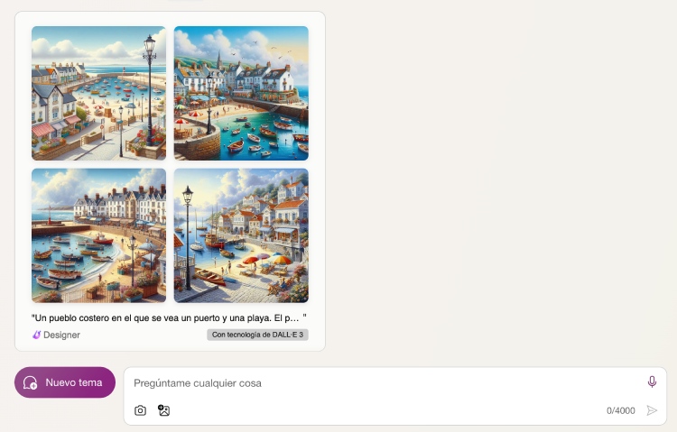 Crea una imagen de un pueblo costero en el que se vea un puerto y una playa