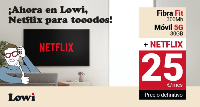 Usuario de Lowi con una TV con el logo de Netflix anunciando la llegada de Netflix a las tarifas de fibra y móvil de Lowi