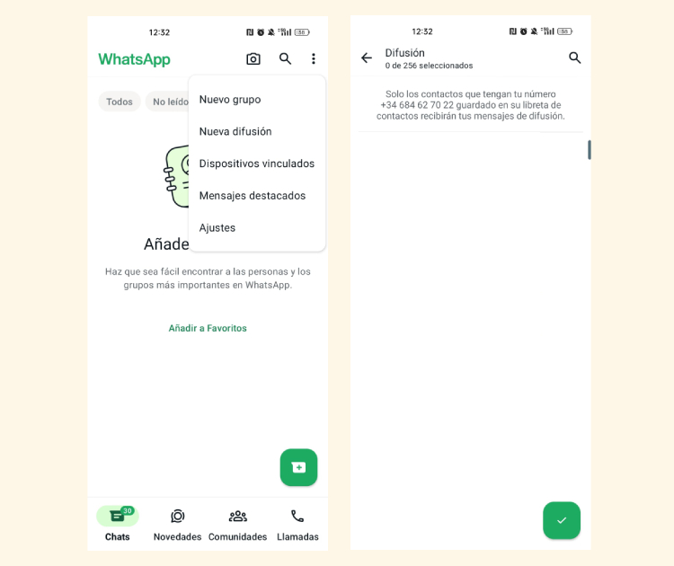 Captura de pantalla de cómo crear una lista de difusión en WhatsApp Business